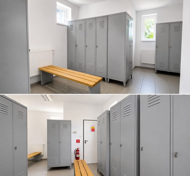 A locker room with gray lockers and wooden benches suitable for warehouses and halls.