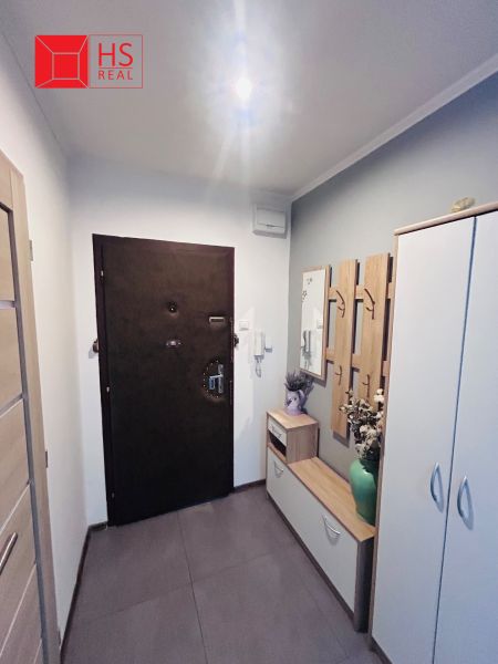 Entrance hallway in a 3-room apartment with a shoe cabinet and a mirror, wooden decor flooring.
