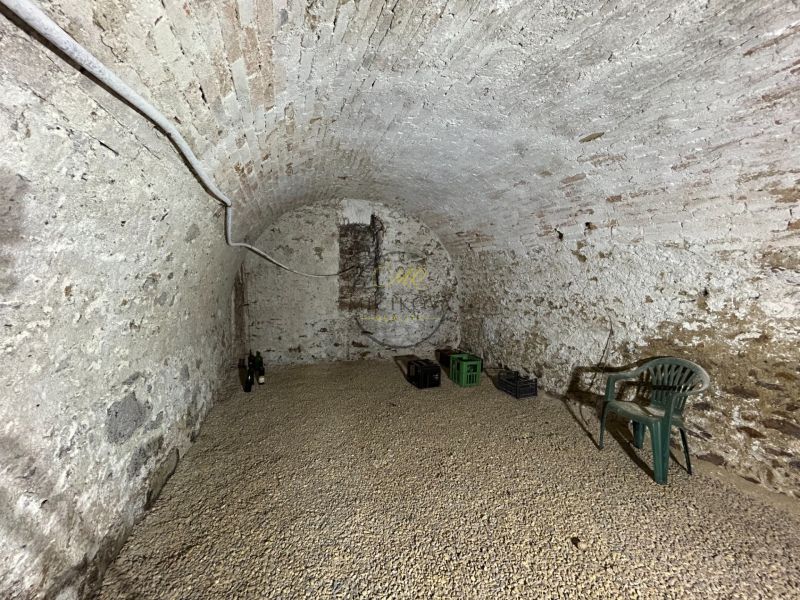 A basement with a brick vaulted ceiling and a plastic chair in a family house.