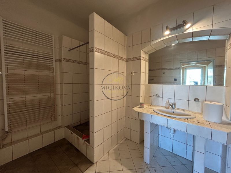 A bathroom in a family house with tiles and a shower corner.