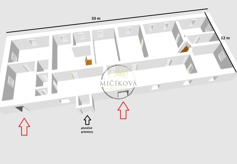 Floor plan of a family house in Čifáre with marked basement areas.