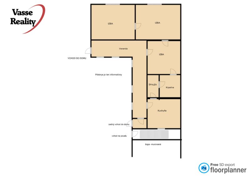 Floor plan of a family house in Gbelce with four rooms, a kitchen, a bathroom, and a veranda.