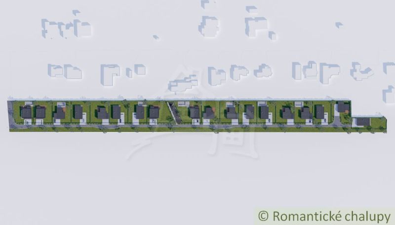 A top-down view of residential plots in Nové Zámky with arranged houses.