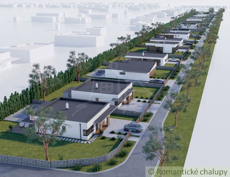 Visualization of family houses on residential plots in Nové Zámky with green gardens.