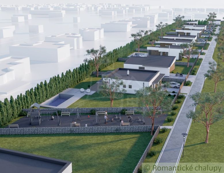 Nové Zámky, Land - housing: New houses surrounded by greenery, a walkway, and a children's playground.