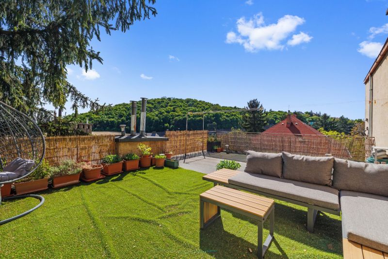 Terrace with a view of greenery, sofa, swing, and potted plants.