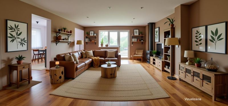 Living room in a family house with a wooden decor floor, a brown sofa, and plants.