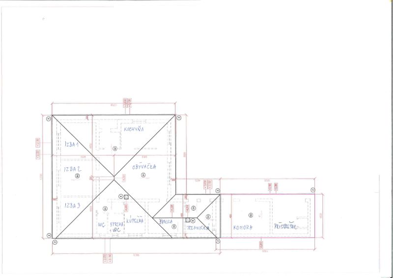 Floor plan of a family house with rooms: kitchen, living room, bedrooms, bathroom, pantry, carport.