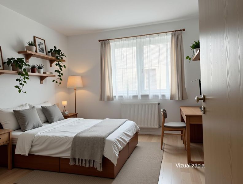 Bedroom with a bed, a desk, and a wooden decor floor in a family house.