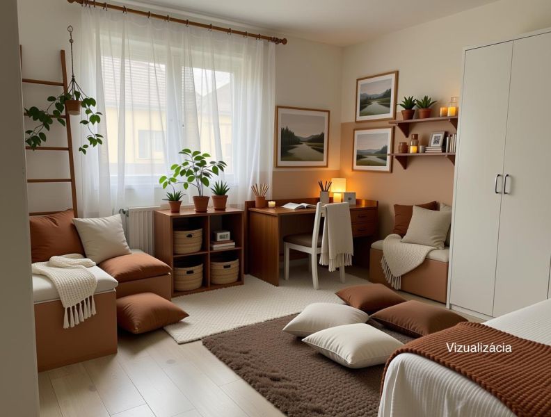 A room in a family house with greenery, wooden furniture, and comfortable seating.