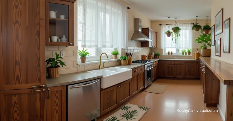 A kitchen in a family house with rustic wooden cabinets and lots of greenery.