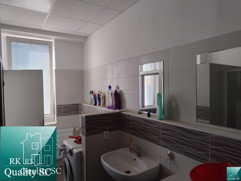 A bathroom with appliances, a shelf with cleaning products, and a sink in warehouses and halls.