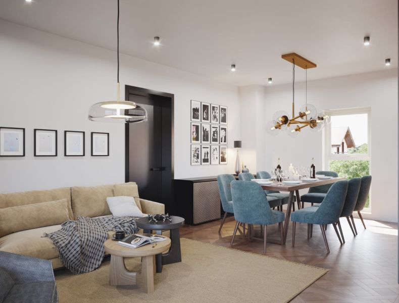 A living room of a three-room apartment with a wooden decor floor, a sofa, and a dining table.