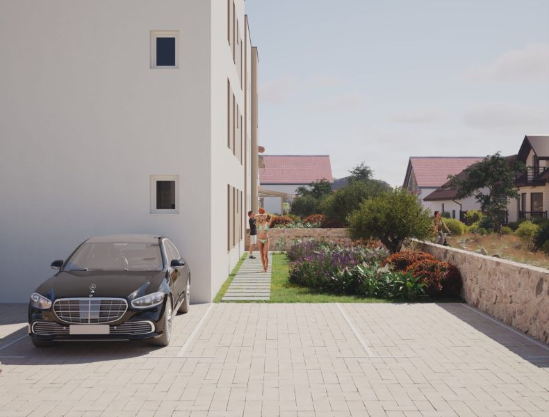 Exterior of a 3-bedroom apartment in Sukošan with a landscaped garden and parking space.