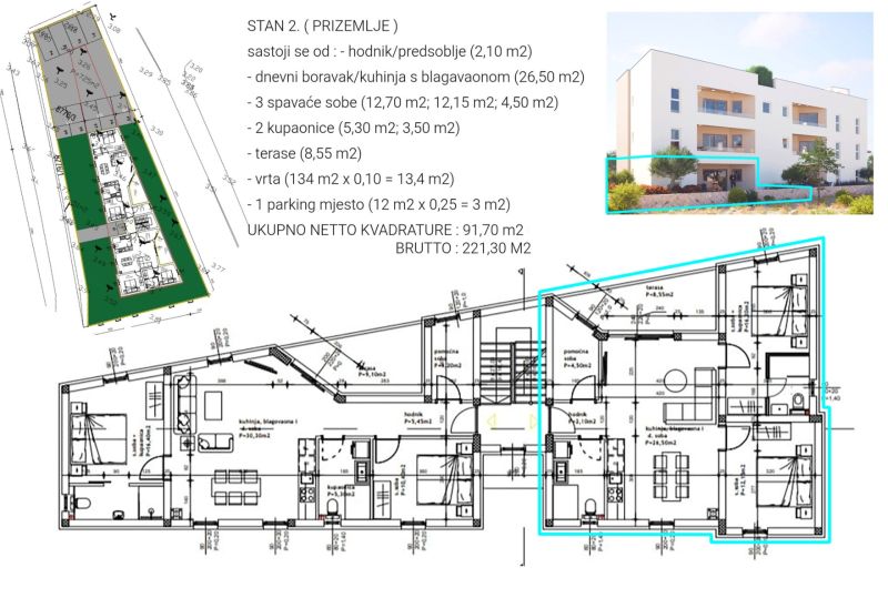 The floor plan of a 3-room apartment shows the arrangement of rooms, terrace, and parking space.