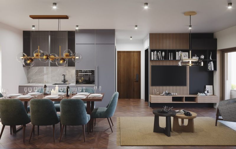 Luxurious dining area in a 3-room apartment with a wooden decor floor and stylish lighting.
