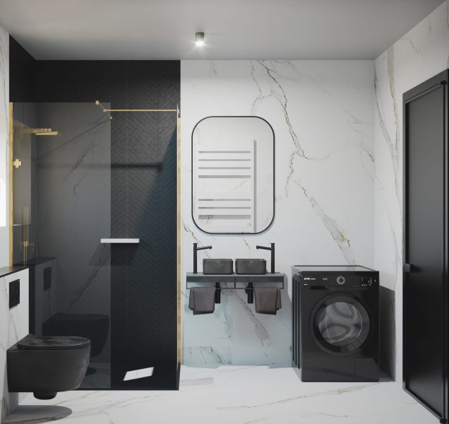 A bathroom with black elements, a double sink, a shower, and a washing machine.