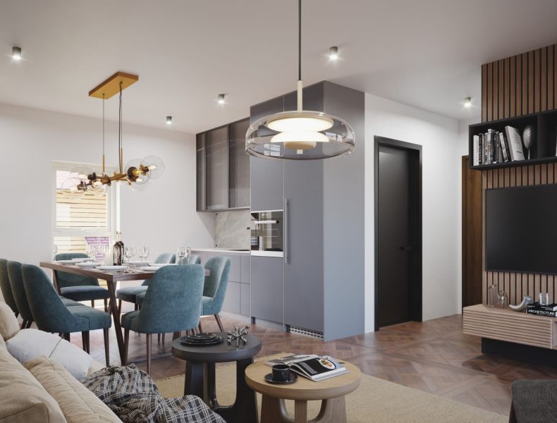 Living area with a kitchenette and a wooden decor floor in a 3-room apartment.