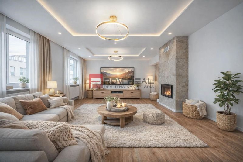 Living room in a family house with a fireplace, sofa, and wooden decor flooring.