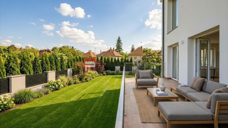 The terrace of a family house on Sládkovičova Street in Modra with a lawn and comfortable seating.