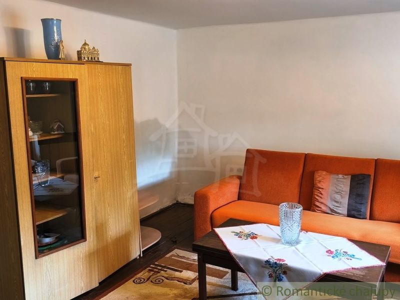 Living room with an orange sofa and a display cabinet, wooden decor on the floor.