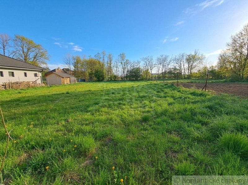 Vast green gardens in Hruboňovo surrounded by trees and houses on a sunny day.
