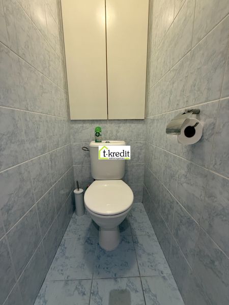Bathroom with tiles in a 3-room apartment, toilet, cabinet, toilet paper holder.