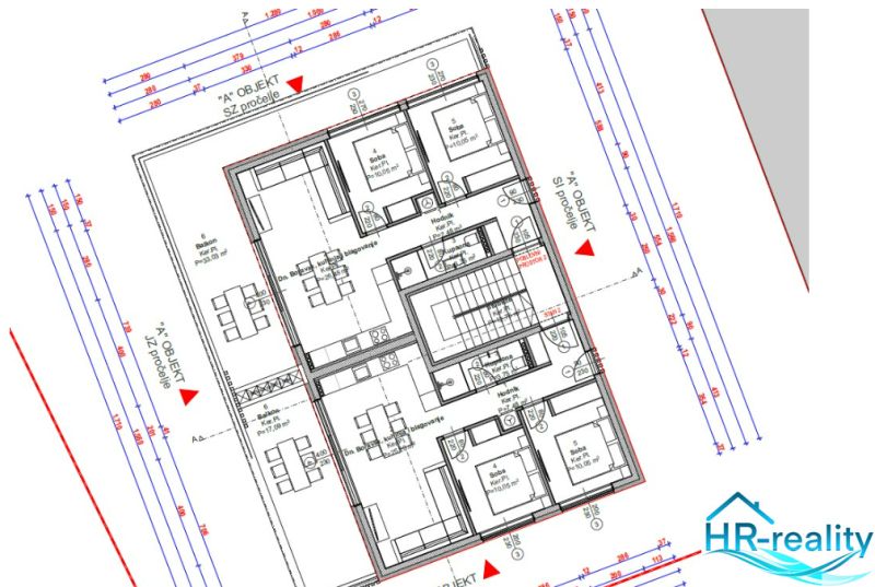 Floor plan of a holiday apartment in Stara Novalja with detailed room dimensions.