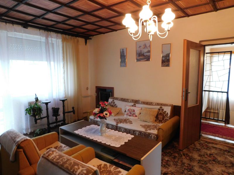 Living room with a floral sofa and wooden decor in a family house.