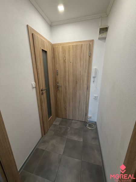 Entrance hallway, studio apartment with tiles and wooden doors, equipped with a video intercom.