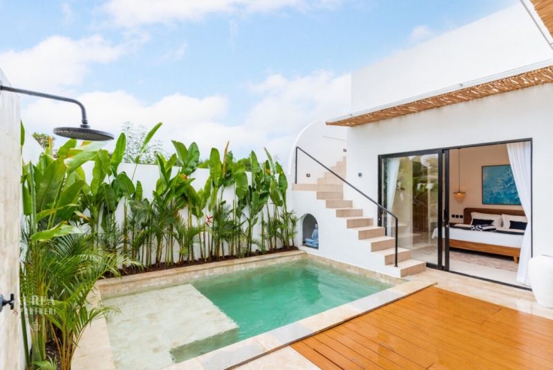 Villa in Bali with a pool surrounded by greenery, wooden terrace decor, outdoor shower.