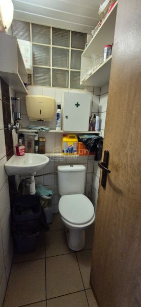 A small bathroom in commercial premises with a toilet, sink, and shelves.