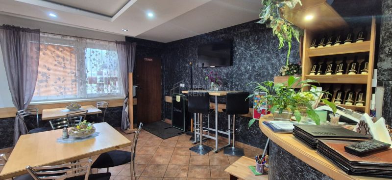 Interior of commercial premises with a bar, tables, and decorative plants.