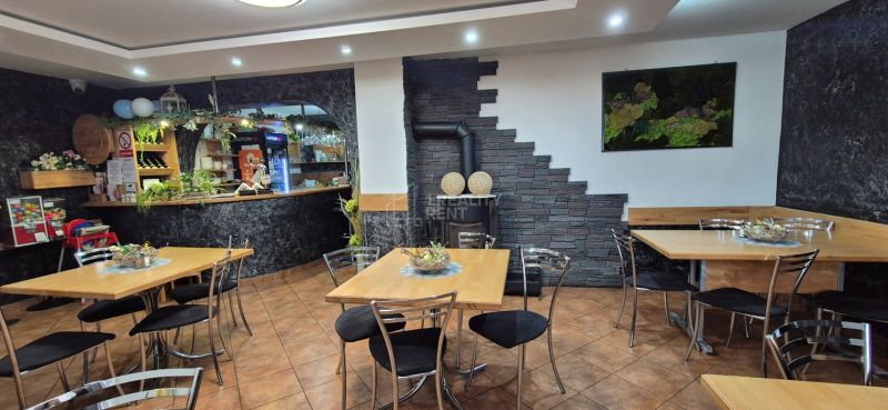 Interior of commercial spaces with wooden decor, tables, and an elegant decorative element on the wall.