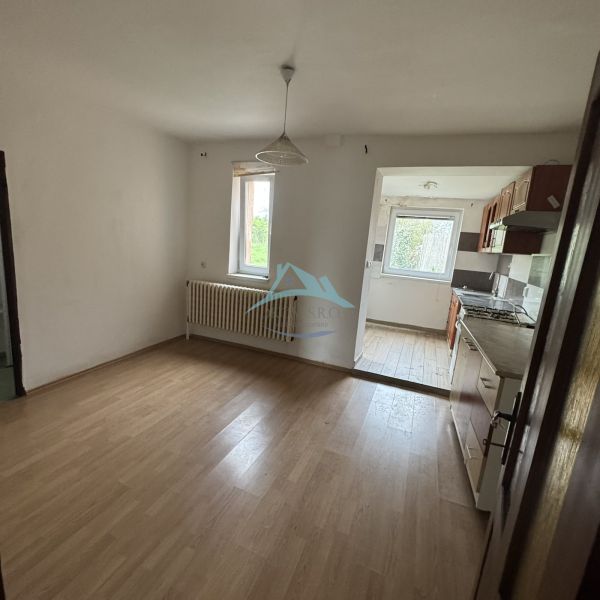 Room with wooden decor flooring, kitchen with a view, family house.