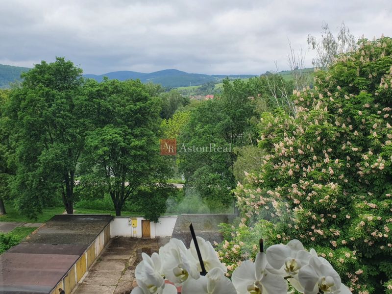 View from a 3-room apartment on Nábrežná Street in Trenčín with lush greenery.