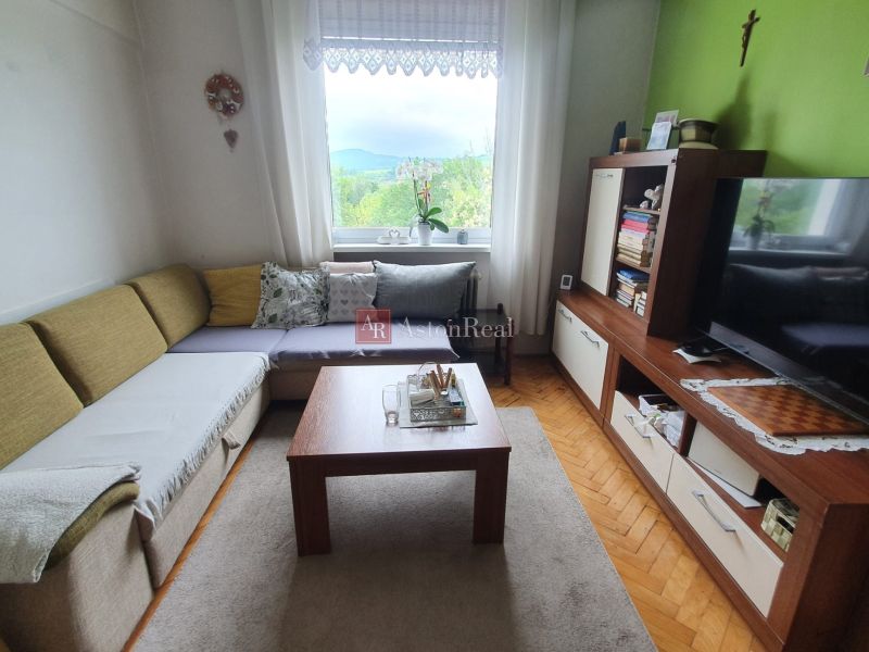 Living room in a three-room apartment with a sofa and wooden decor flooring.