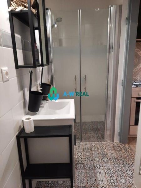 Bathroom with a sink, shower stall, and patterned tiles in a family house.