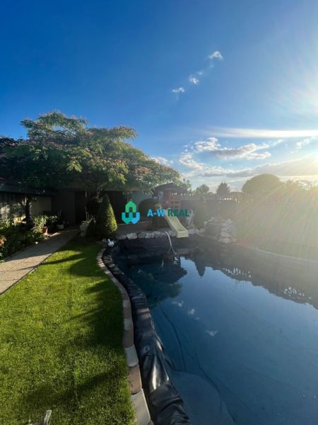 The garden of a family house in Orechová Potôň with a swimming pool and greenery under the blue sky.