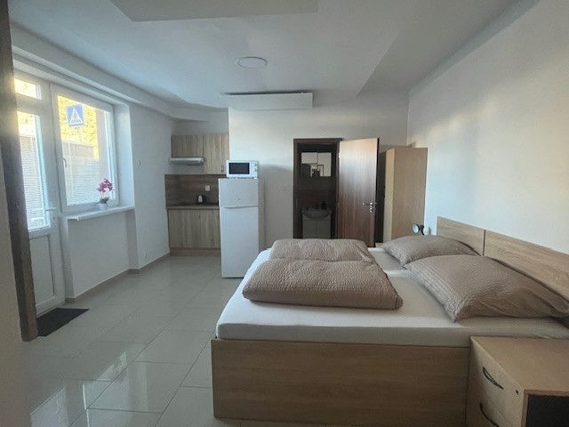 A room with basic amenities, a double bed, and a kitchenette.