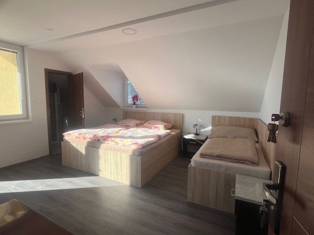 Interior of a building with a double bed, a single bed, and a floor with a wood decor.