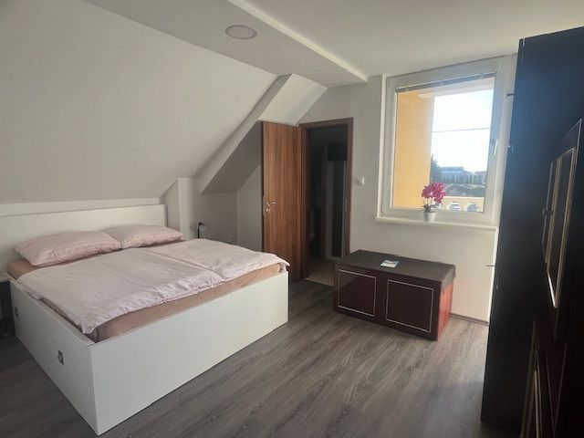 Bedroom with wood-patterned flooring, a bed, and a window to the exterior.