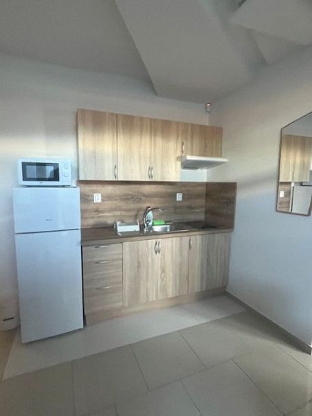 A kitchen unit with a wooden decor floor and appliances in the building.