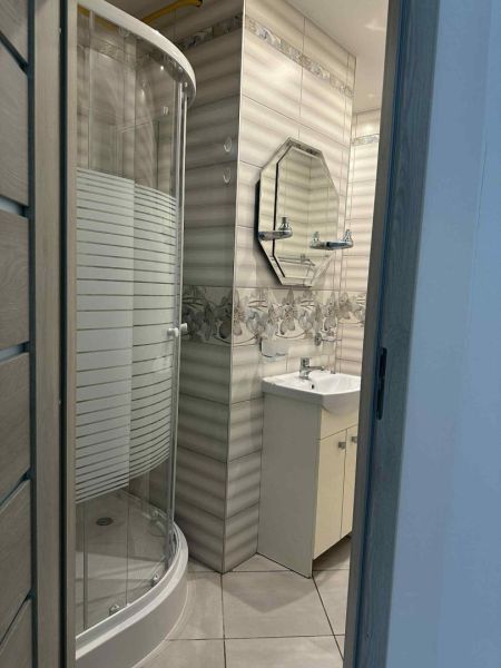 Bathroom with a glass shower enclosure and a sink in a studio apartment.