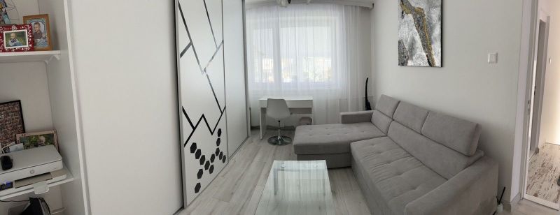 Living room in a family house with a wooden decor floor and a sofa.