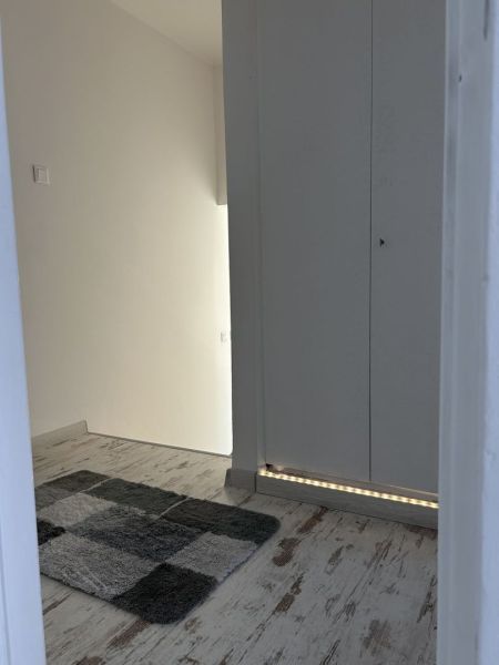 A hallway in a family house with a wooden decor floor and a gray carpet.