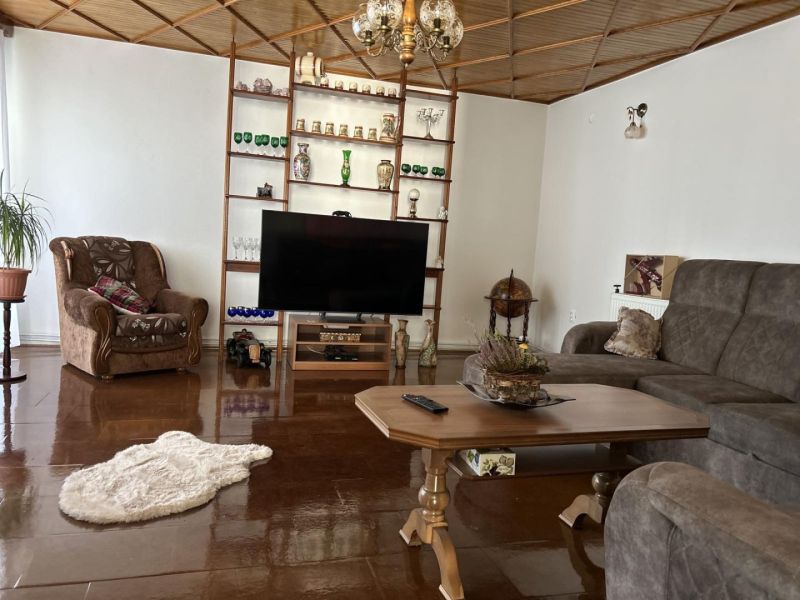 A bright living room in a family house with a brown sofa and a shelf with decorations.