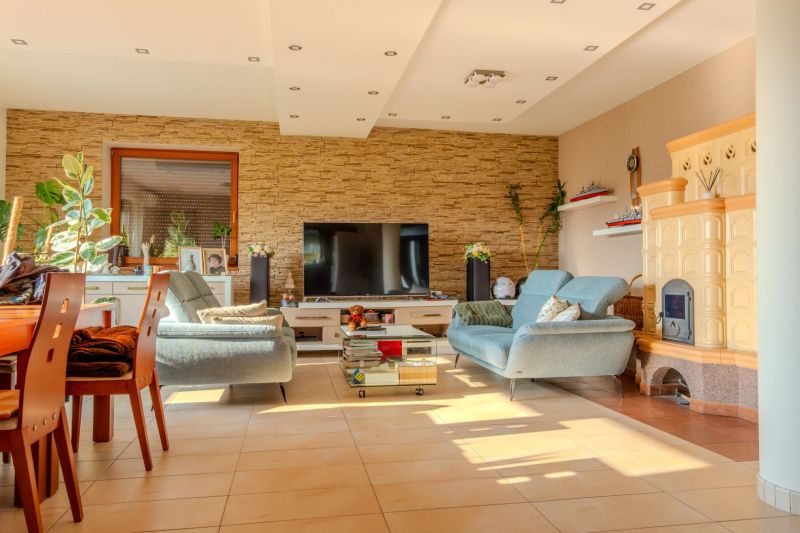 Living room of a family house with comfortable sofas, a decorative fireplace, and a television.