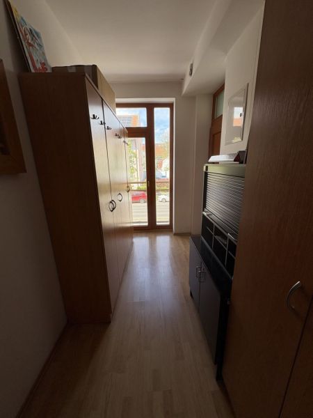 A narrow hallway with cabinets and a floor with a wooden decor in a 3-room apartment.
