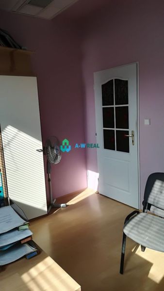 Offices with wood-patterned flooring, white doors, and a fan.